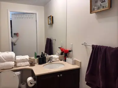 a bathroom with a sink and a mirror at A lovely one bed room with Sunset Views in Toronto