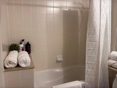 a bathroom with a shower and a tub with towels at A lovely one bed room with Sunset Views in Toronto