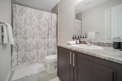 a bathroom with a sink and a toilet and a shower at The Bliss in Bowmanville