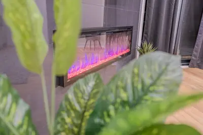 a fireplace in a room with a table and a plant at 6 Bedroom Modern Escape in Horseshoe, Pool and Hot tub in Coldwater
