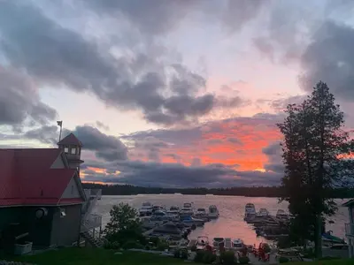 a group of boats docked in a marina at sunset at McCracken's Mid Century Modern Luxury Cottage in Burleigh Falls
