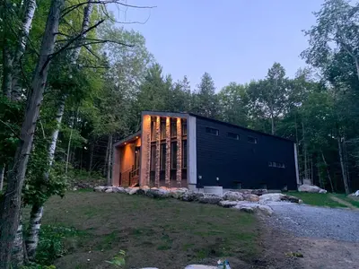 a black house in the middle of a forest at McCracken's Mid Century Modern Luxury Cottage in Burleigh Falls
