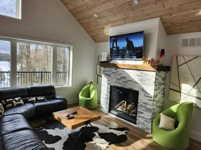 a living room with a couch and a fireplace at The Hidden Pearl in Haliburton