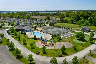 an aerial view of a resort with a swimming pool at L'Hibou - 18 Farm View in Cherry Valley
