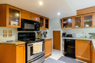 a kitchen with wooden cabinets and a stove top oven at Large Guest suite with bathroom, vegetarian kitchen in Mississauga