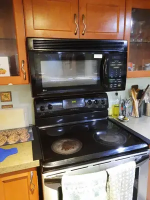 a microwave over a stove in a kitchen at Large Guest suite with bathroom, vegetarian kitchen in Mississauga