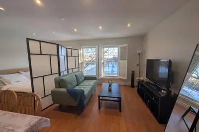 a living room with a bed and a couch and a television at Elegant & Stylish Apartments with Private Entrance & Parking in Richmond Hill