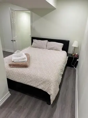 a bedroom with a large bed with a large mirror at B02 luxurious suite in Mississauga