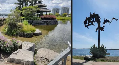 two pictures of a park with a lake and a statue at Cozy Barrie Home - Minutes to College & Hospital in Barrie