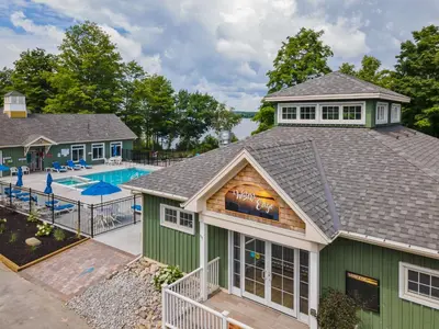 an aerial view of a house with a swimming pool at The Marmot - 12 Butternut in Cherry Valley