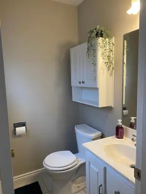 a bathroom with a white toilet and a sink at Cheerful 4 bedroom with sunroom in Belleville