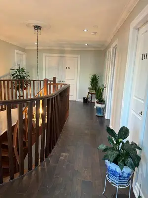a hallway with a staircase with potted plants at Q88 luxury Sunny room in Mississauga