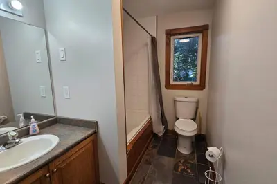 a bathroom with a sink and a toilet and a window at All-Season 8BR Vacation Chalet in Blue Mountains