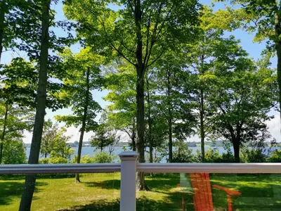 a view from the porch of a house with trees at The Harlequin - 20 Summer Village in Cherry Valley