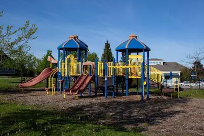 a playground with yellow and blue equipment in a park at 40 Meadow View in Cherry Valley