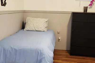 a bedroom with a bed with a pillow and a dresser at Amazing Lakefront cottage on Paradise Lake in Haliburton