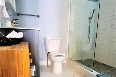 a bathroom with a toilet and a glass shower at Amazing Lakefront cottage on Paradise Lake in Haliburton