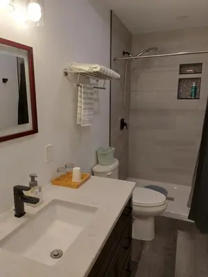a bathroom with a sink and a toilet and a shower at Soloquester's BnB in Zurich