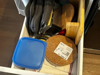 a box with a blue container and some items at Brand New 2 story unit in Richmond Hill