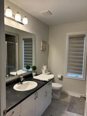 a bathroom with a sink and a toilet and a mirror at Whole House 4 Bedrooms 6 beds 3 bath family friendly Quite and relaxation area in Gravenhurst