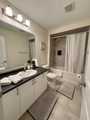a bathroom with a sink and a toilet and a mirror at Whole House 4 Bedrooms 6 beds 3 bath family friendly Quite and relaxation area in Gravenhurst