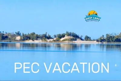 a picture of a lake with the text pec vacation at Westlake Dunes View Beach-FREE Pontoon Boat Rental in West Lake