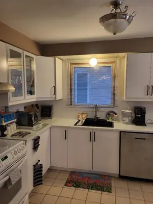 a kitchen with white cabinets and a sink and a window at 308 Delancey in Hamilton