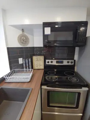 a kitchen with a stove and a microwave at Two bedroom on Toronto Greenhills in Toronto