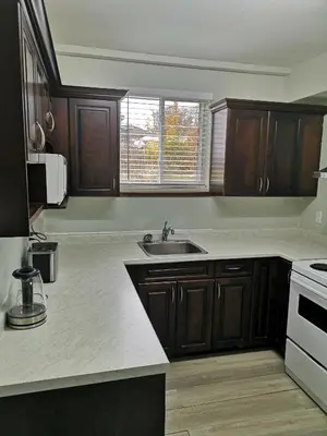 a kitchen with wooden cabinets and a sink and a window at Cozy Apartment Unit in London
