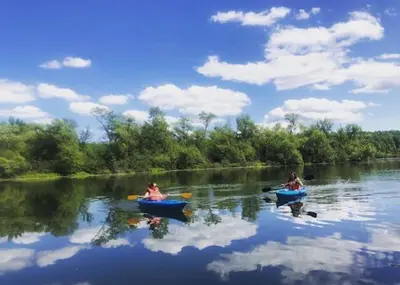two people in kayaks on a river on a sunny day at Wildwood Bunkies in Bailieboro