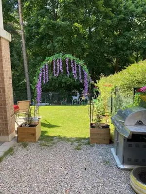a garden with a large arch with purple plants at Luxhome25 in Aurora