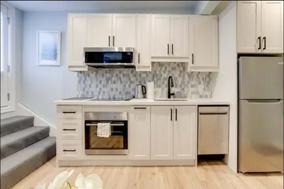 a kitchen with white cabinets and a sink and a microwave at Casa Hotel Stylish Suite with Patio in Leslieville in Toronto