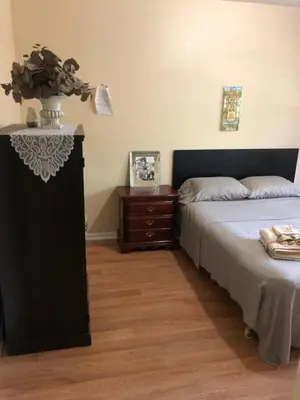 a bedroom with a bed and a dresser with a vase on it at Earth Tone Suites in Pickering