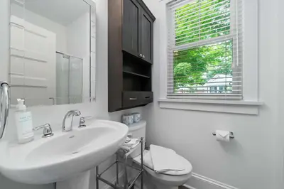a bathroom with a sink and a toilet and a window at The Balsam - 36 Farm View in Cherry Valley