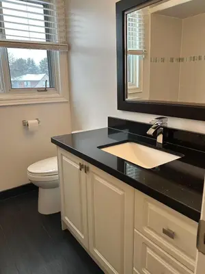 a bathroom with a sink and a toilet and a mirror at Cozy Room for Two Unionville Area Twin Beds or King Minimum Stay 30 Days in Markham