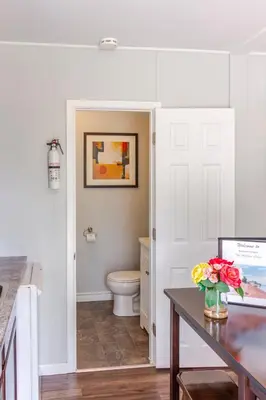 a bathroom with a toilet and a vase of flowers on a table at Westlake Cottage - Milford Lodge in Wellington