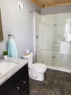 a bathroom with a toilet and a glass shower at Westlake Cottage - Wellington Lodge in Wellington