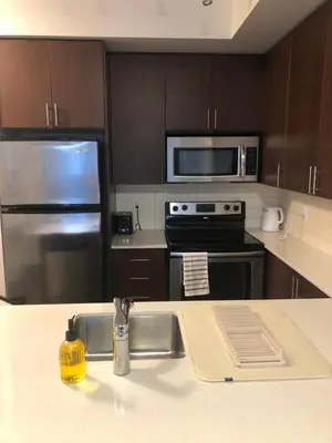 a kitchen with a stainless steel refrigerator and a sink at Chic Toronto Blue Jays Getaway in Toronto