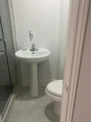 a bathroom with a white sink and a toilet at 2 bedroom 2 bath separate basement unit in Cambridge