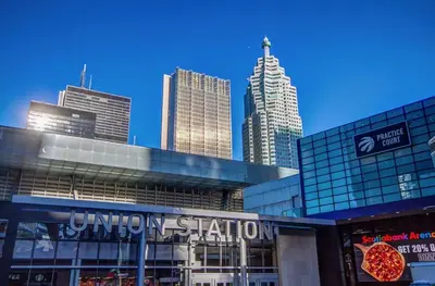 a view of a building in a city with skyscrapers at Exquisite Living Toronto in Toronto