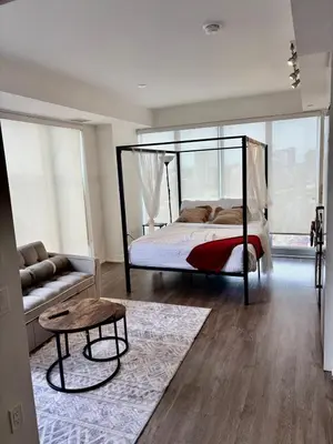 a bedroom with a canopy bed and a couch at Sweetheart studio with city views in Toronto