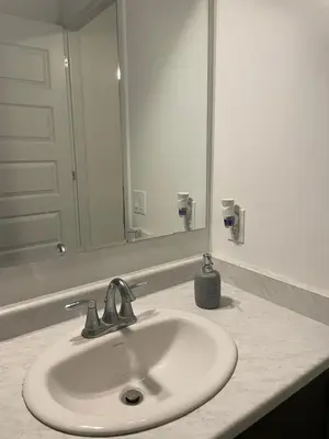 a bathroom counter with a sink and a mirror at Executive Luxury Apartment in Oakville