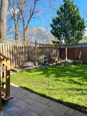 a backyard with a fence and a yard with grass at Cozy Suite-Walk to the Falls in Niagara Falls