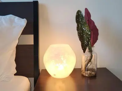 a vase with a flower and a lamp on a table at Luxury CN Tower Suites - Save on Monthly Stays in Toronto