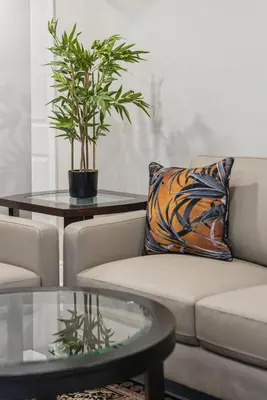a living room with a couch and a table with a plant at Baker Hill Executive Suite 2 Br Basement Apartment with Full Kitchen and Bath in Stouffville