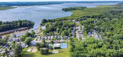 an aerial view of a park next to a body of water at Scugog Landing Resort in Port Perry