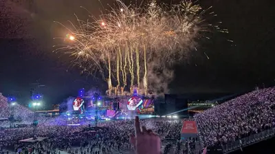 a crowd of people watching a concert with fireworks at Vita House - Rogers Stadium and Yorkdale Mall Toronto - quiet and cozy bedrooms in Toronto