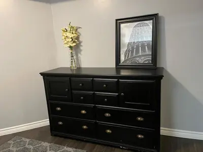 a black dresser with a vase of flowers on top at Just like home 1 bedroom appt in Guelph