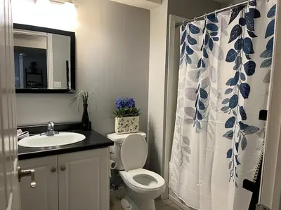 a bathroom with a toilet and a sink at Just like home 1 bedroom appt in Guelph
