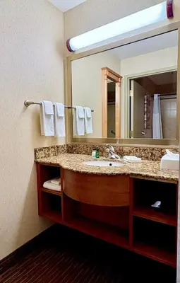 a bathroom with a sink and a large mirror at Waterloo Suites Hotel, Trademark Collection by Wyndham in Waterloo